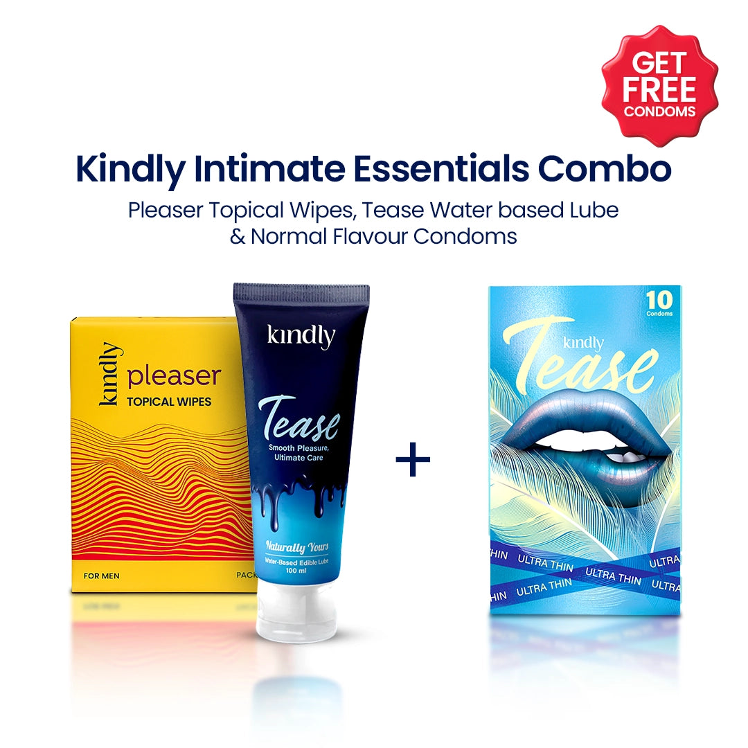 Kindly Intimate Essentials Combo – Tease Natural Flavoured Lube & Pleaser Delay Wipes + Condoms pack of 10