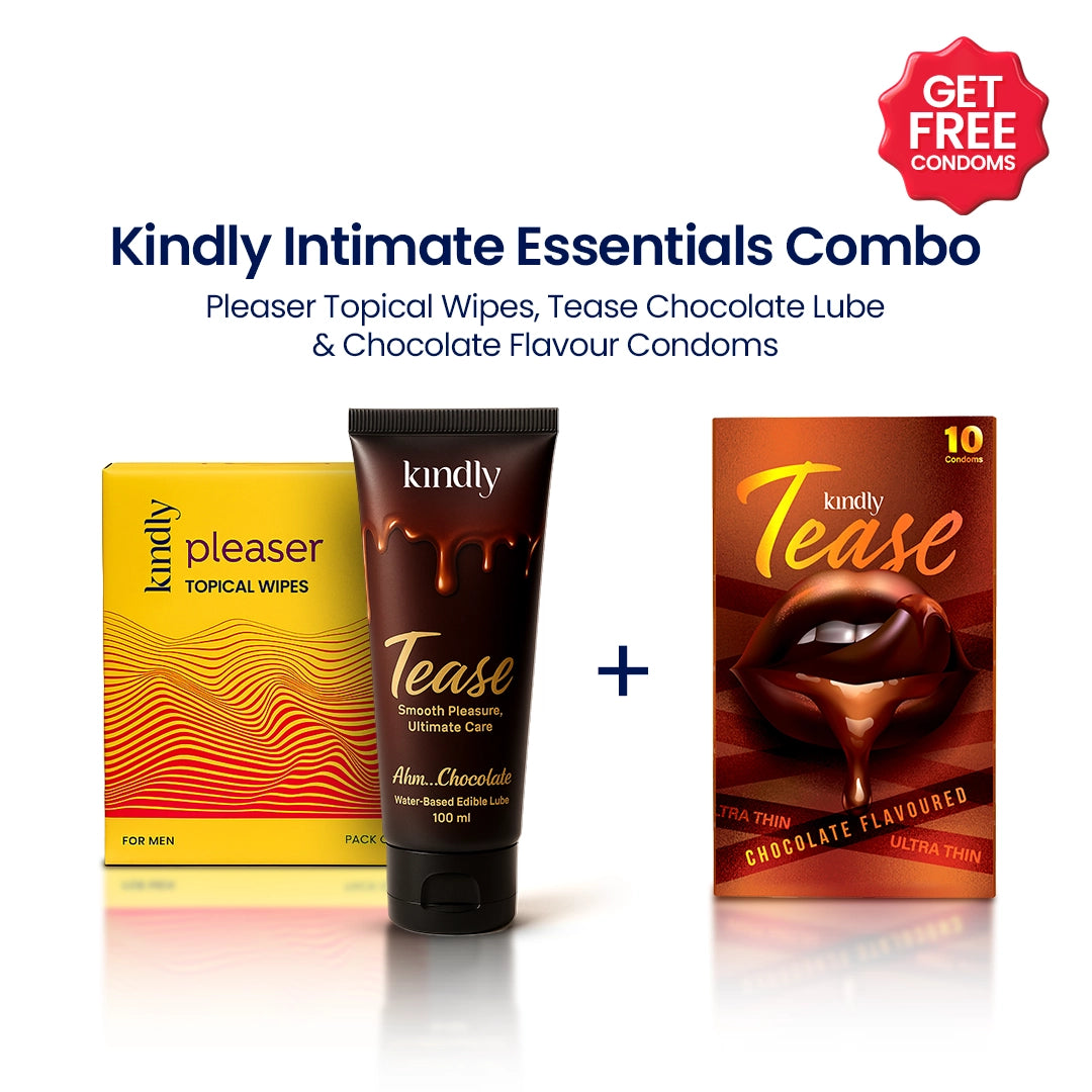 Kindly Intimate Essentials Combo – Tease Chocolate Flavoured Lube & Pleaser Delay Wipes + Condoms pack of 10