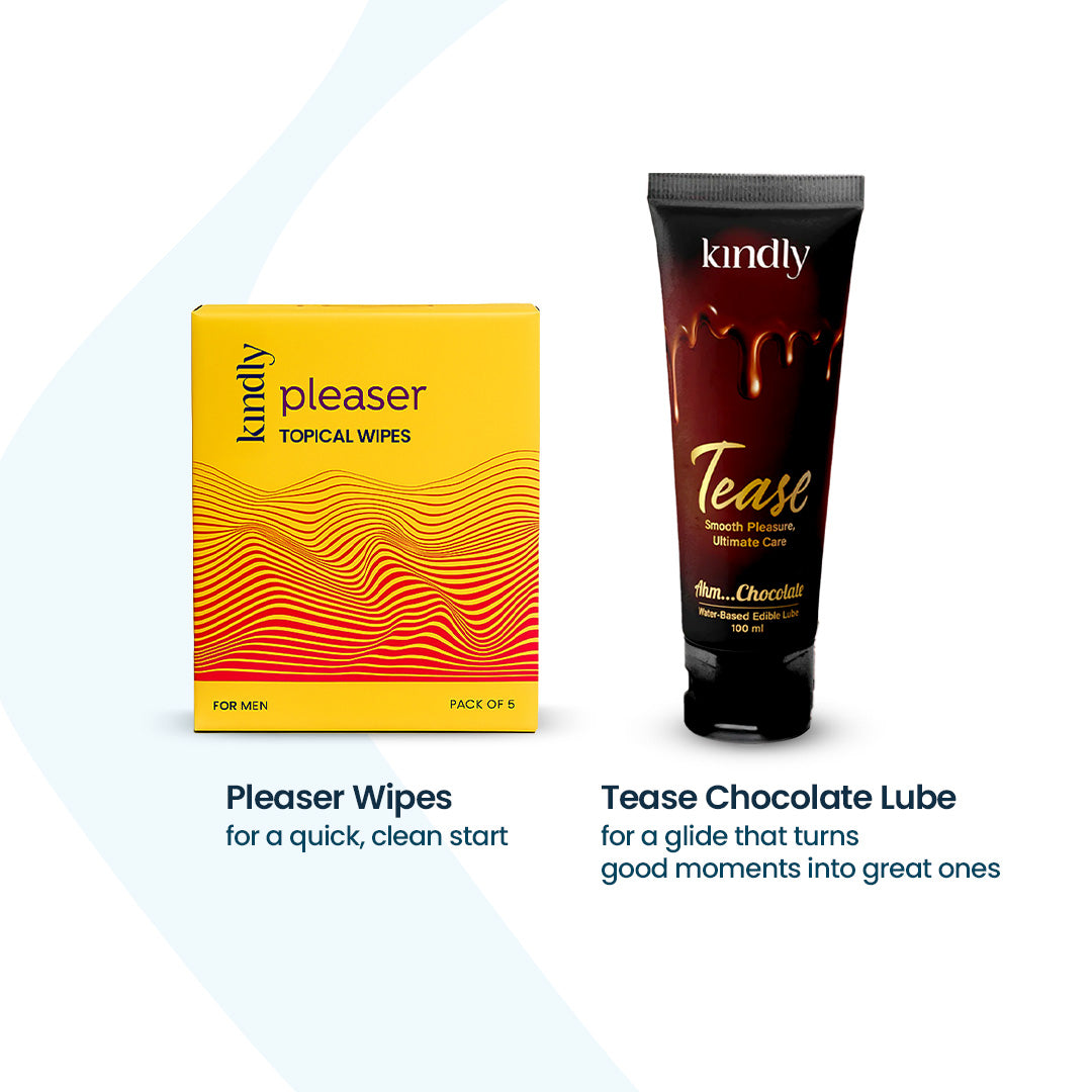 Kindly Intimate Essentials Combo – Tease Chocolate Flavoured Lube & Pleaser Delay Wipes + Condoms pack of 10