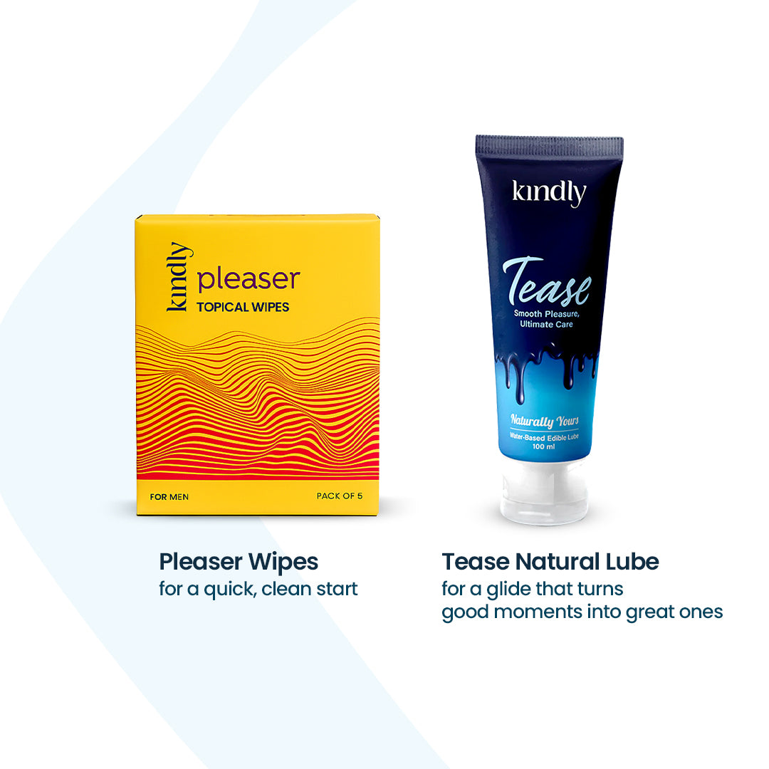 Kindly Intimate Essentials Combo – Tease Natural Flavoured Lube & Pleaser Delay Wipes + Condoms pack of 10