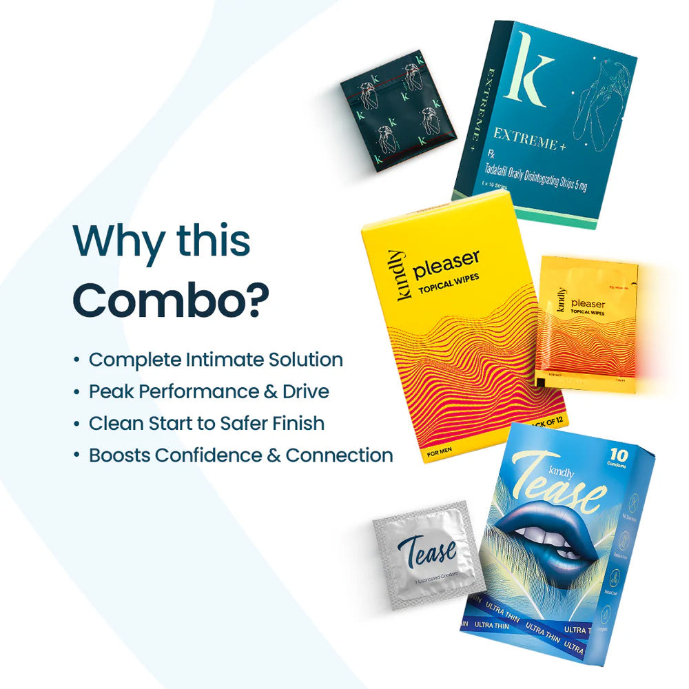 Kindly Bedroom Combo: Pleaser Topical Wipes, Extreme+ Strips & Tease Edible Ultra Thin Condom