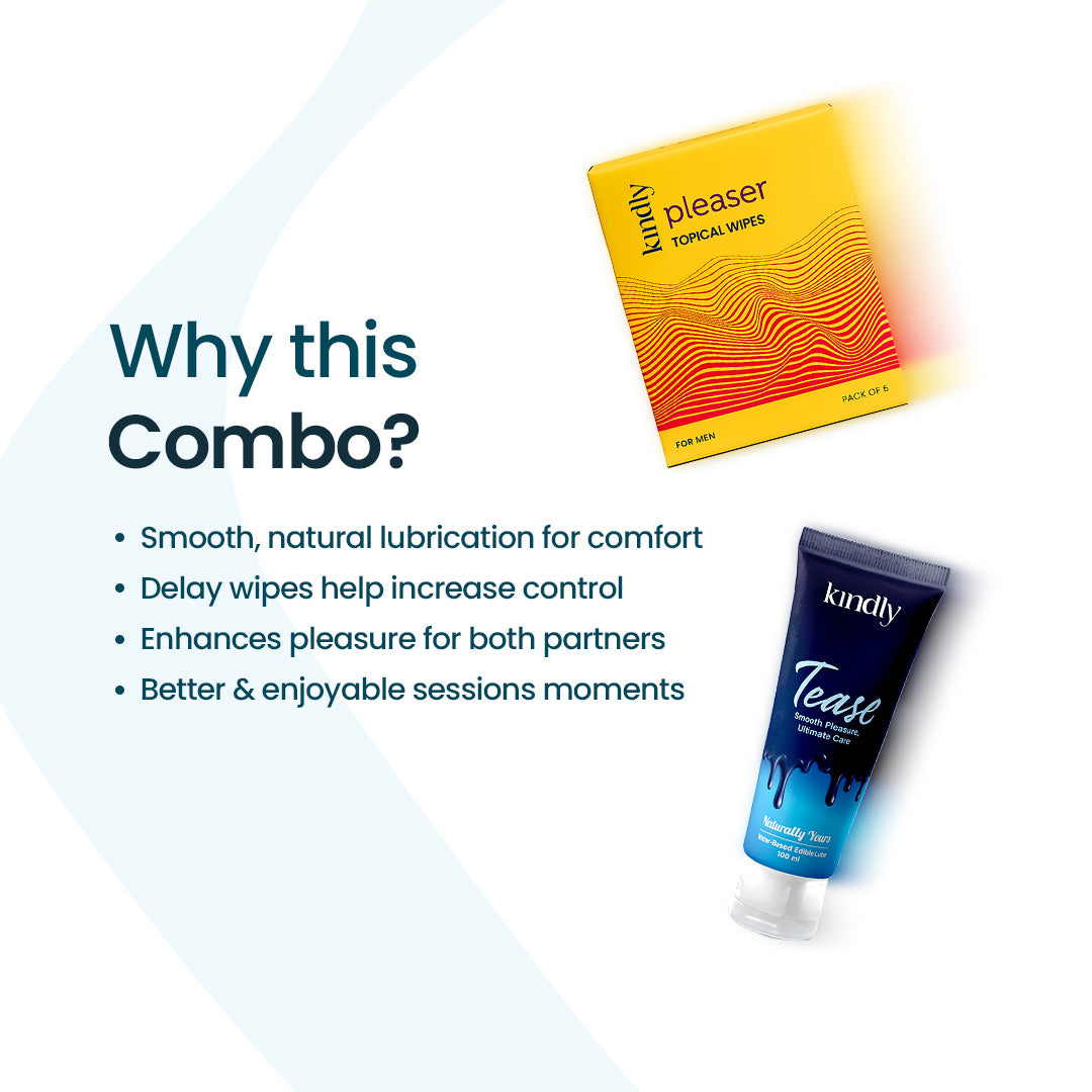 Kindly Intimate Essentials Combo – Tease Natural Flavoured Lube & Pleaser Delay Wipes + Condoms pack of 10
