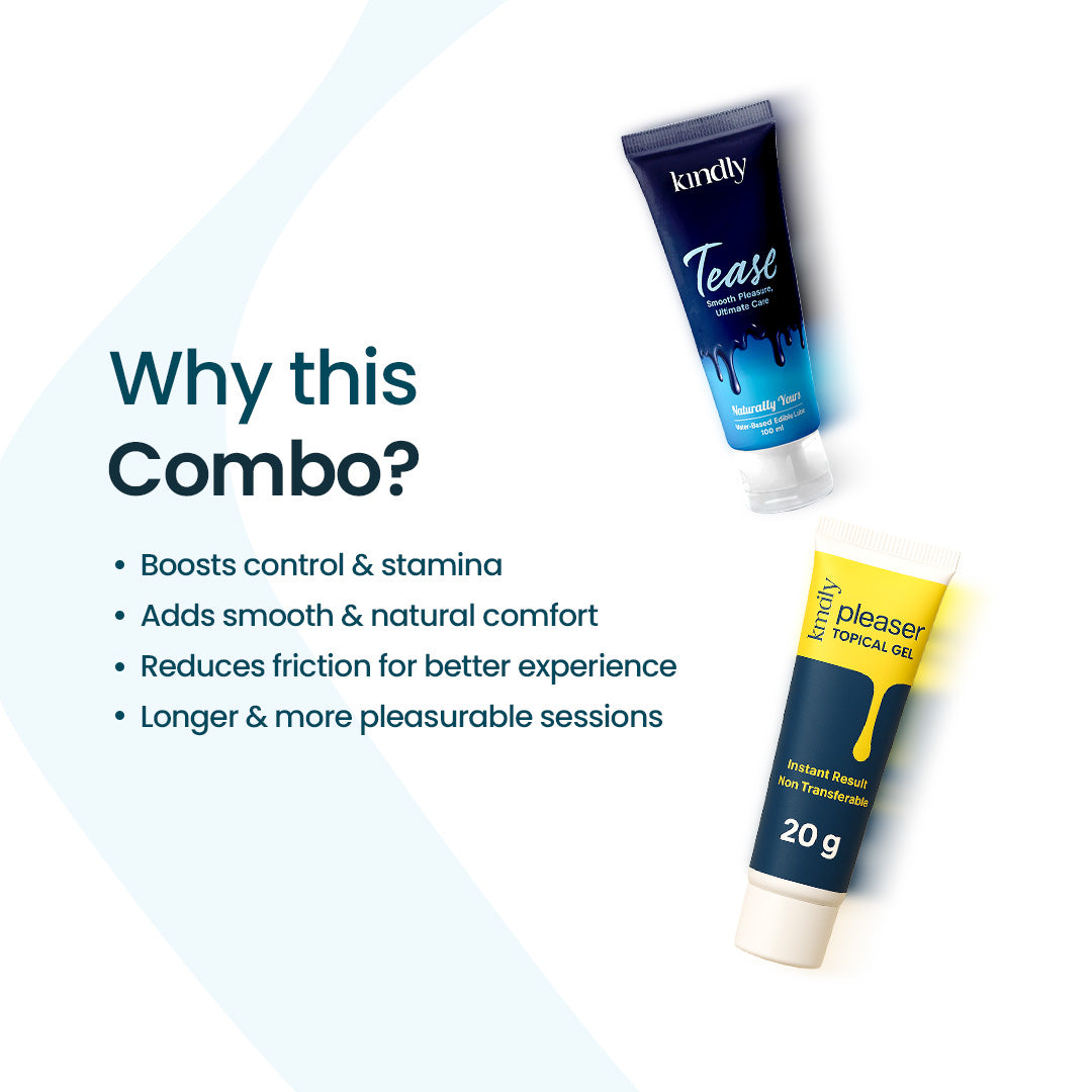 Kindly Endurance & Comfort Combo – Pleaser Delay Gel with Tease Water Based Natural Lube + Condoms pack of 10