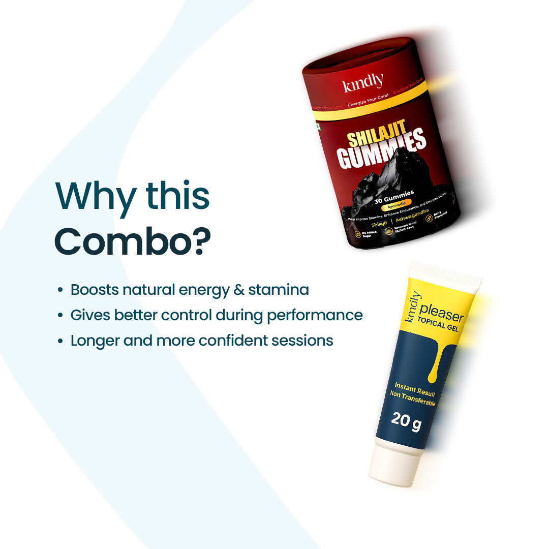 Kindly Performance Power Combo: Shilajit Gummies + Pleaser Delay Gel + Condoms pack of 10