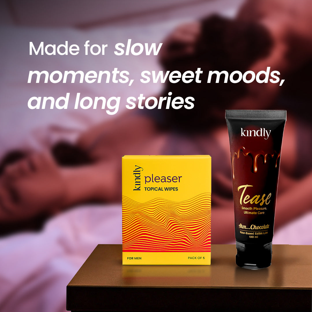 Kindly Intimate Essentials Combo – Tease Chocolate Flavoured Lube & Pleaser Delay Wipes + Condoms pack of 10