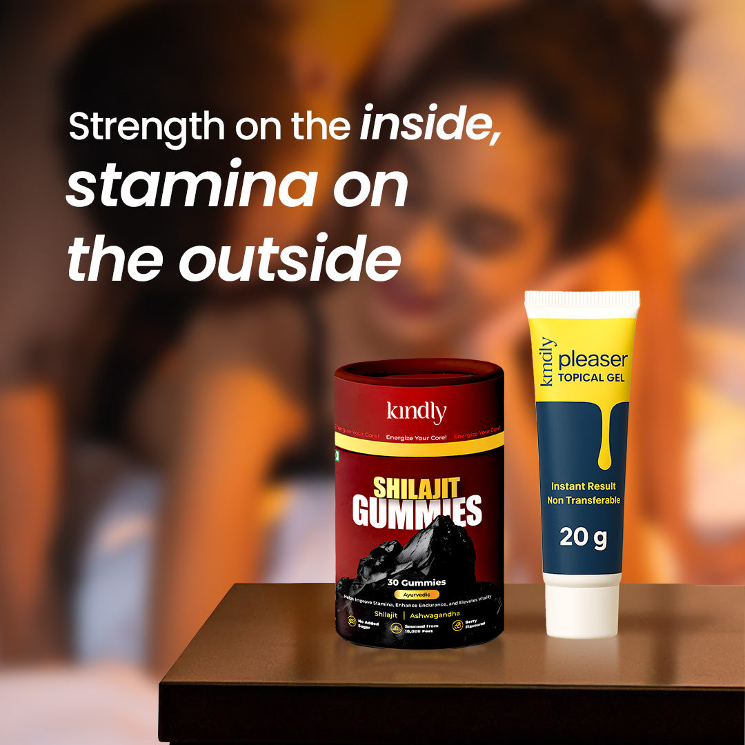 Kindly Performance Power Combo: Shilajit Gummies + Pleaser Delay Gel + Condoms pack of 10