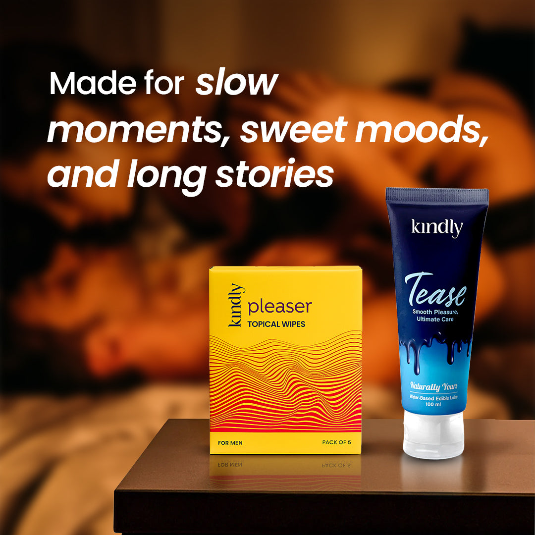 Kindly Intimate Essentials Combo – Tease Natural Flavoured Lube & Pleaser Delay Wipes + Condoms pack of 10