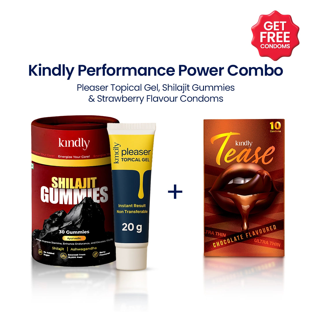 Kindly Performance Power Combo: Shilajit Gummies + Pleaser Delay Gel + Condoms pack of 10