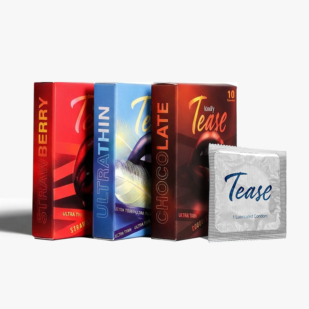 Tease Ultra Thin Condoms Combo Pack (Classic + Strawberry + Chocolate) | Pre-Lubricated | Pack of 30