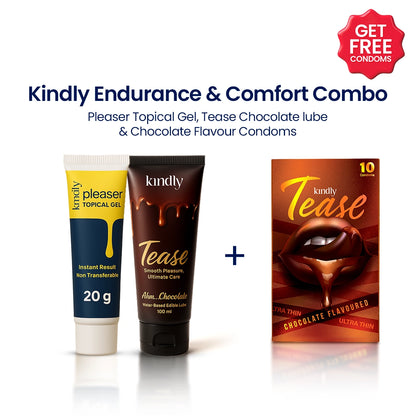 Kindly Endurance & Comfort Combo - Pleaser Delay Gel with Tease Water Based Chocolate Flavoured Lube + Condoms pack of 10