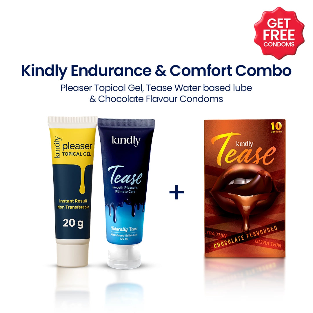 Kindly Endurance & Comfort Combo – Pleaser Delay Gel with Tease Water Based Natural Lube + Condoms pack of 10