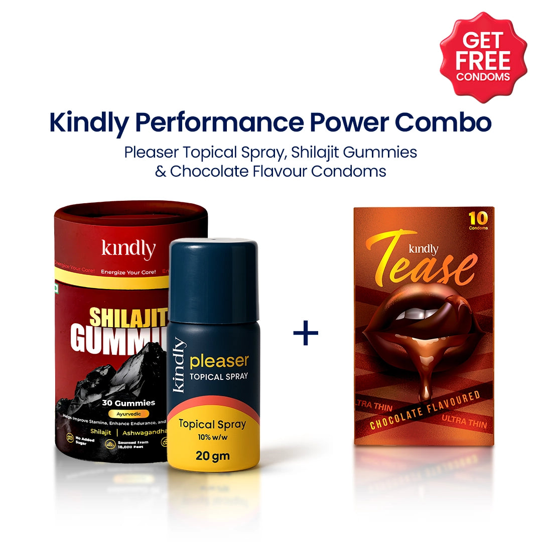 Kindly Performance Power Combo: Shilajit Gummies + Pleaser Delay Spray + Condoms pack of 10