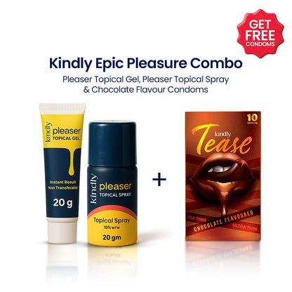Kindly Epic Pleasure Combo: Pleaser Topical Spray & Pleaser Topical Gel + Condoms pack of 10