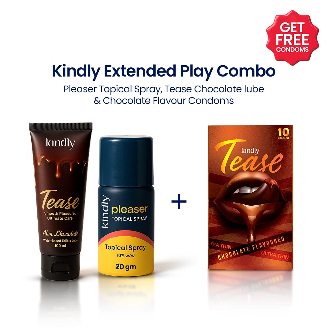 Kindly Extended Play Combo – Pleaser Delay Spray + Tease Chocolate Flavour Lube + Condoms pack of 10