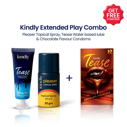 Kindly Extended Play Combo – Pleaser Delay Spray + Tease Natural Flavour Lube + Condoms pack of 10