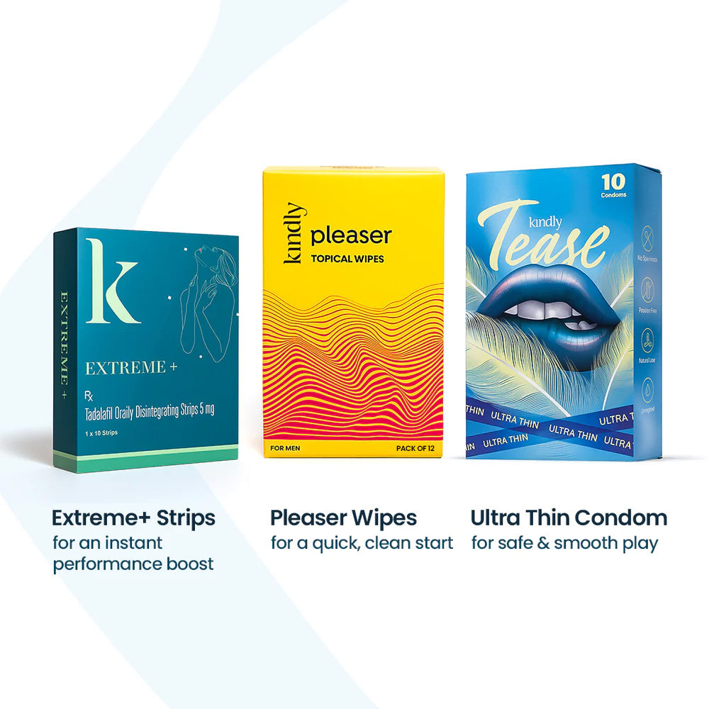 Kindly Bedroom Combo: Pleaser Topical Wipes, Extreme+ Strips &amp; Tease Edible Ultra Thin Condom