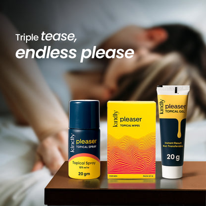 Kindly Power Play Combo: Pleaser Topical Spray, Pleaser Topical Gel & Pleaser Topical Wipes  + Condoms pack of 10