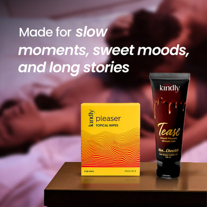 Kindly Intimate Essentials Combo – Tease Chocolate Flavoured Lube & Pleaser Delay Wipes