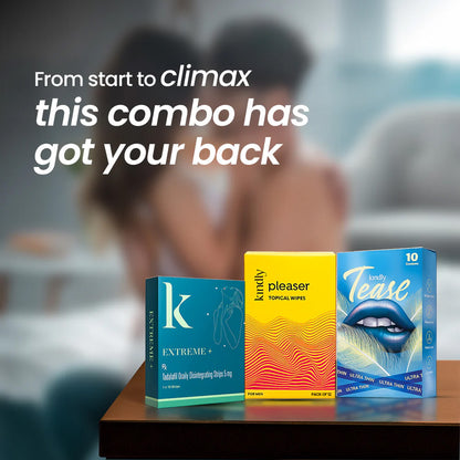 Kindly Bedroom Combo: Pleaser Topical Wipes, Extreme+ Strips &amp; Tease Edible Ultra Thin Condom