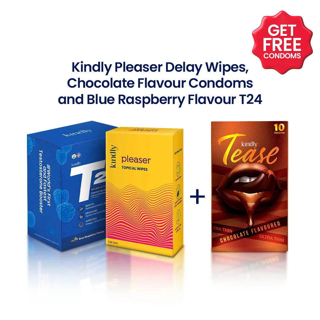Kindly T24 Blue Raspberry and Pleaser Wipes + Condoms pack of 10